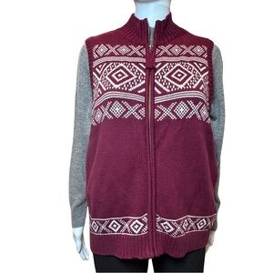 Christopher & Banks Nordic Fair Isle Zip-Up Sweater Vest Burgundy/White Size M